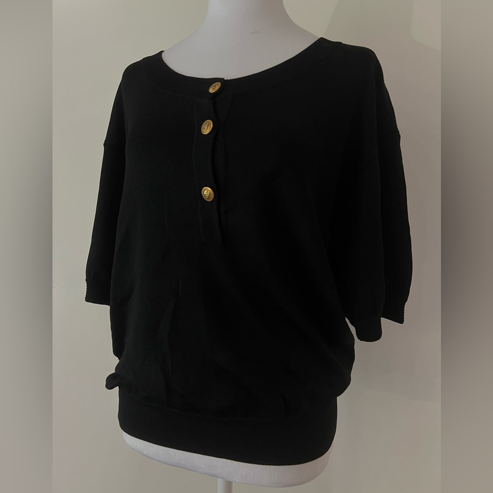 CHANEL Boutique Black Knit Logo Button Top – Rare Gold CC Detail, Vintage